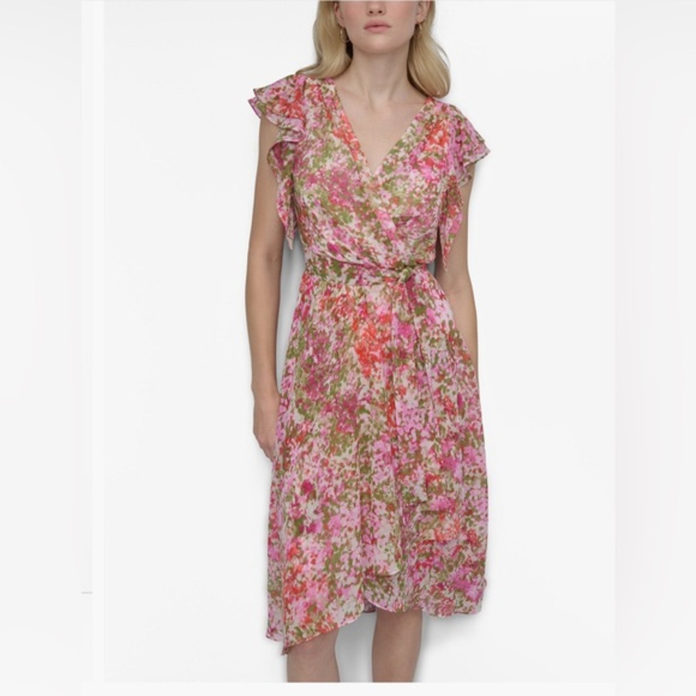 Donna Karen Floral multicolor wrap Sleeveless Dress NWT $130